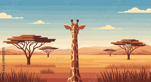 Pixel Art Giraffe in African Savannah Landscape with Acacia Trees