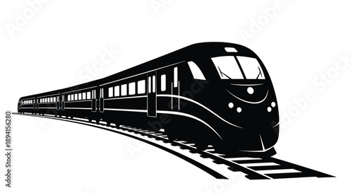 A sleek black train travels along railway tracks silhouette