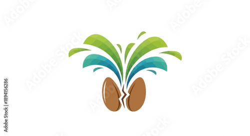 Abstract illustration of two seeds sprouting vibrant green and blue leaves.