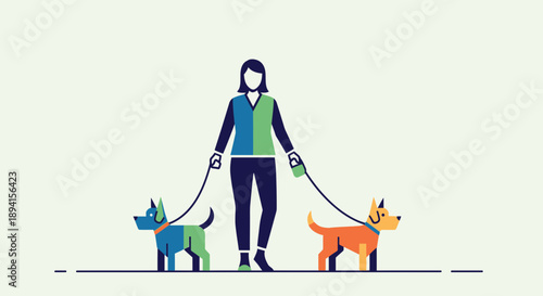 Woman walking two dogs on leashes, flat illustration style