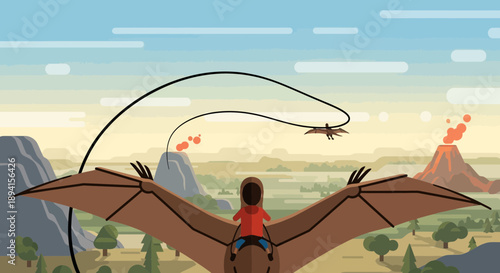 Child Riding Pterodactyl Over Prehistoric Landscape with Volcanoes
