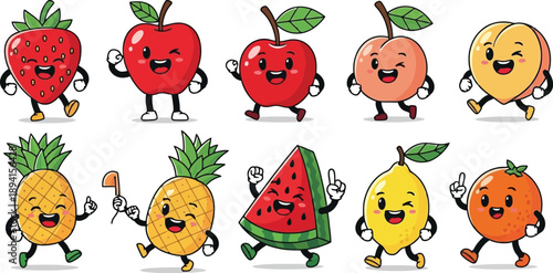 Cute cartoon fruit characters with funny faces and happy expressions