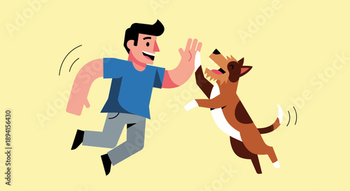 Happy Man High Fiving Playful Dog on Yellow Background