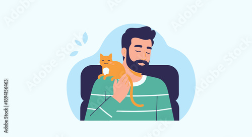 Man with Cat on Shoulder Embracing Calmness and Companionship