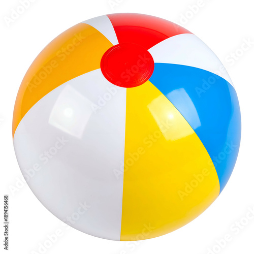 Vivid, close-up shot of a classic, inflated, multi-colored beach ball with segmented panels