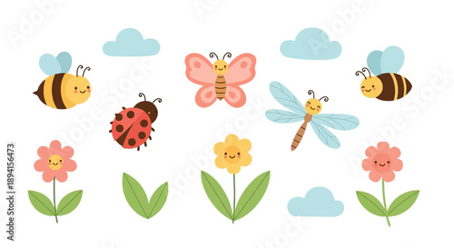 Spring garden scene featuring happy bugs and smiling blossoms with clouds