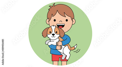 Happy boy holding a cute puppy, childhood, pet friendship, illustration
