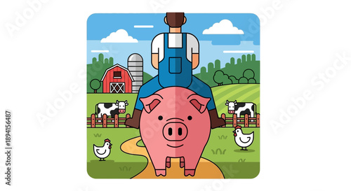 Farmer Riding Pig on Country Road with Farm Animals and Barn