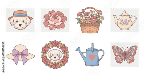 Vintage Pastel Floral and Maltipoo Puppy Postage Stamp Set for Spring Stationery and Scrapbooking