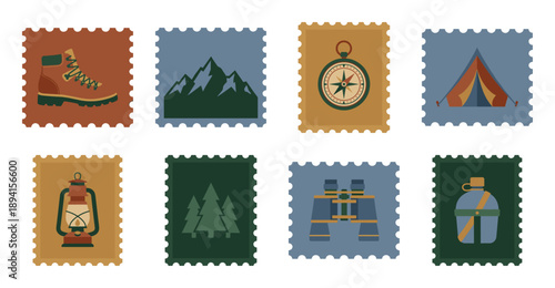 Flat Vector Hiking and Camping Postage Stamp Set for Outdoor Adventure Stationary and Scrapbooking