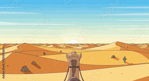 Pixel Art Desert Landscape with Camel and Cactus at Sunrise