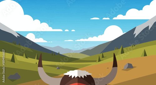Flat Design Yak Herd in Majestic Mountain Valley Landscape