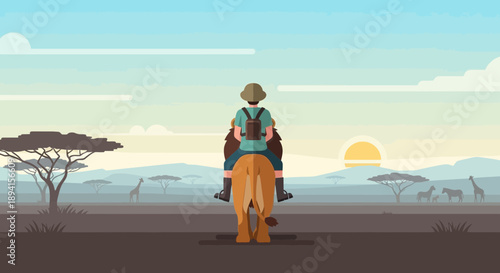 Safari Adventure: People Riding Horse in African Landscape at Sunset