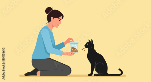 Woman feeding black cat dry food from bag, pet care, domestic animal love