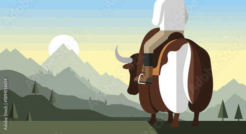 Man Riding Yak in Mountain Landscape at Sunrise
