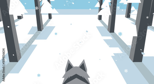 Wolf walking through snowy forest, winter landscape illustration