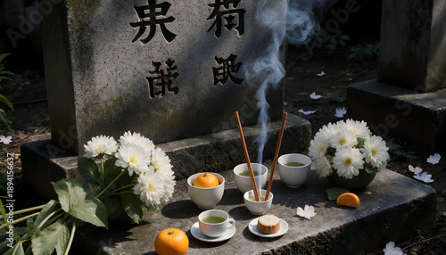Photorealistic grave marker stone with fresh white chrysanthemums, incense sticks, and green tea for Qingming Festival  
