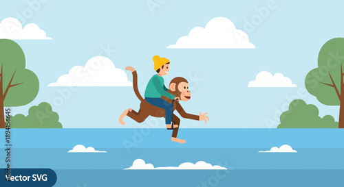 Canvas Print Child Riding Monkey in Nature Landscape, Fun Outdoor Activity