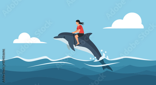 Woman riding a leaping dolphin in the ocean, playful summer vacation
