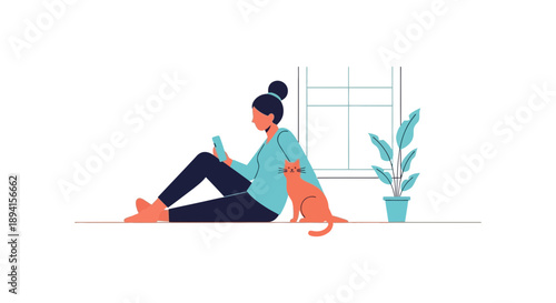 Woman Relaxing with Cat and Smartphone Indoors, Cozy Home Lifestyle