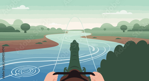 Dinosaur driving a boat on a river, pixel art style