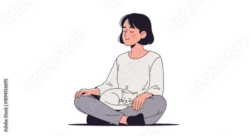 Young woman meditating with sleeping cat on her lap, peaceful lifestyle illustration