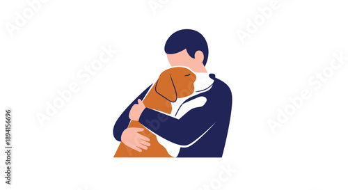 Man hugging dog, illustration, friendship, loyalty, love, companionship, pet care