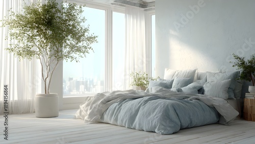 Minimalist bedroom with linen bedding and a large indoor tree