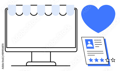 Monitor with torn calendar tabs, profile sheet with star reviews, and heart icon. Ideal for time management, user rating, digital organization, online profiles, reviews, productivity and engagement