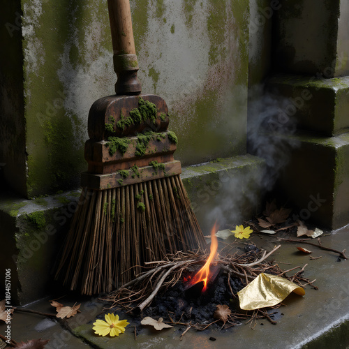 Worn grave-sweeping broom by ceremonial fire with autumn leaves scene, Concept of Tomb-Sweeping Day  