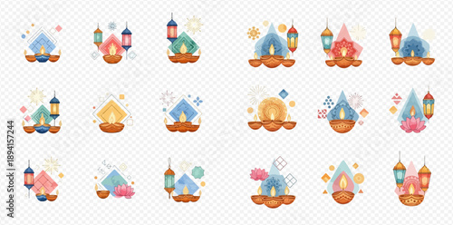 Set of colorful watercolor style oil lamps and lanterns for festive celebrations.