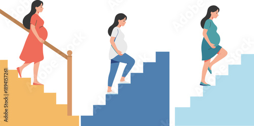 Pregnant women climbing stairs in three stages of pregnancy flat vector illustration showing maternity fitness progression healthy lifestyle prenatal exercise concept isolated background
