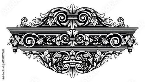 Ornate hand drawn line art illustration of a border element depicting classical scrollwork and foliage for elegant design projects