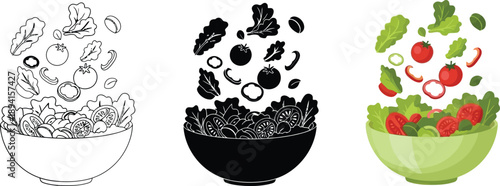 Collection of salad ingredients in motion flat design illustrations for healthy eating concepts isolated on white background