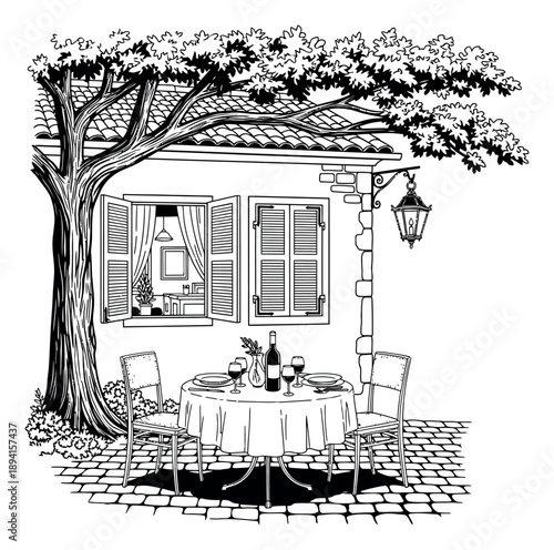 Hand drawn line art illustration of an outdoor cafe depicting a romantic table setting under a tree for a cozy dining experience