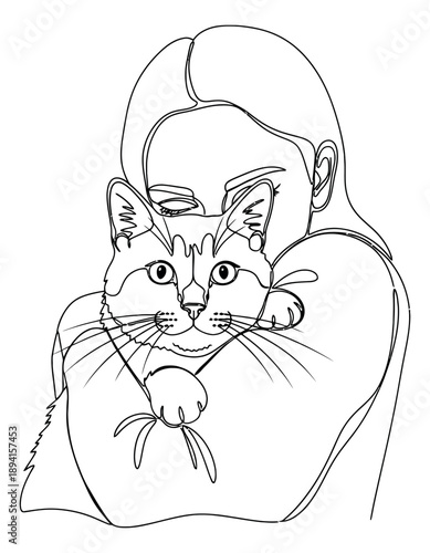 Continuous line art illustration of a woman embracing her cat depicting love and companionship for pet care concepts