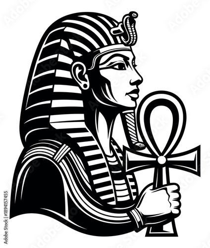 Bold line art illustration of an ancient Egyptian pharaoh depicting a figure holding an ankh symbol for historical and cultural designs