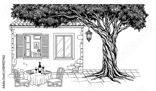 Hand drawn line art illustration of an outdoor cafe scene depicting a restaurant table set for two next to an old building and a large tree for travel and romantic themes