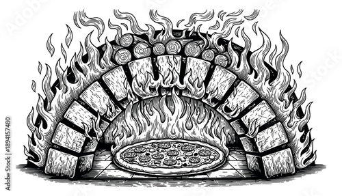 Hand drawn line art illustration of a pizza in a wood fired oven depicting cooking with flames for food design