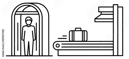 Line art illustration of airport security depicting a person undergoing a body scan and luggage being screened for safe travel