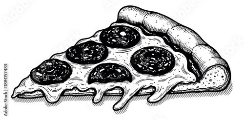 Hand drawn line art illustration of a pizza slice depicting melting cheese and pepperoni for fast food menus and advertising