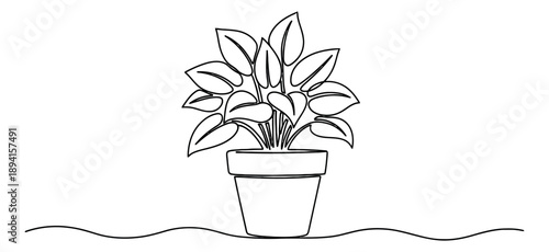 Single continuous line art illustration of a potted plant depicting a minimalist houseplant for modern home decor