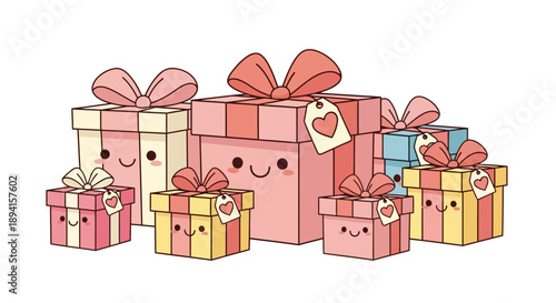 Valentine gift boxes arranged with smiling faces and ribbons for advertising