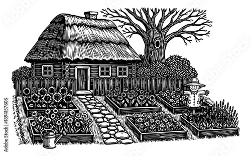 Woodcut style illustration of a traditional rural cottage garden depicting an idyllic countryside scene for natural themes