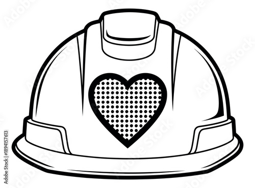 Comic style line art illustration of a safety hard hat depicting a heart symbol for construction and safety concepts