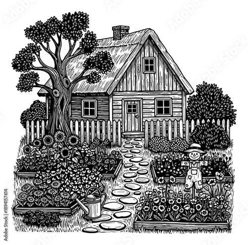 Hand drawn line art illustration of a cozy cottage garden depicting an idyllic rural scene for nature themes