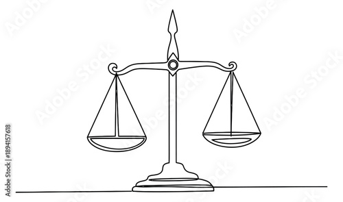 Continuous line art illustration of a balance scale depicting equality and fairness for legal concepts