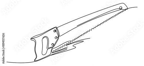 Minimalist line art illustration of a hand saw depicting a woodworking tool for construction and repair