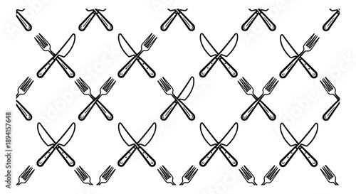 Hand drawn line art cutlery pattern set featuring crossed knives and forks for restaurant and kitchen design