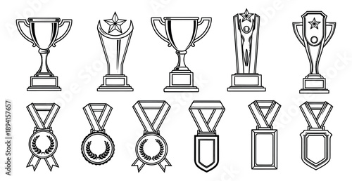 Hand drawn line art awards set featuring various trophy cups and medals for sport and competition